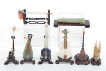 Grouping Of Vintage Hand Carved Jade Musical Instruments W/Custom Rosewood Stands