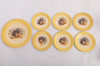 6 Vintage Fiestaware Thanksgiving Turkey Decorated Dishes With Serving Plater