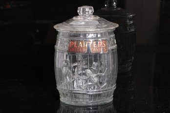 Country Store Planters Peanuts Barrel Shape Embossed Glass Jar W/Partial Paper Label