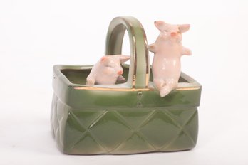 Antique German Pink Faring Pigs In  Basket