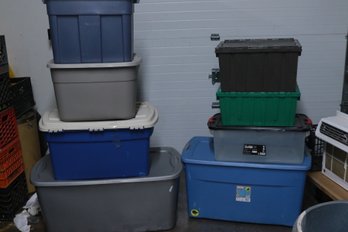 8 Pre-Owned, Assorted Size Storage Totes W/Lids (Largest Is 45 Gal)