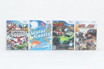 4 Pre Owned Nintendo Wii Games Marvel Super Squad, Water Sports,monster Trucks Mayhem & Mx Vs Atv Untamed