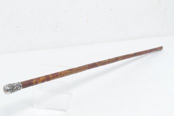 Antique 32'  Wooden Cane W/Sterling Silver Hand Knob With Rose & Leaf Motif