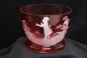 Antique 19th Century Mary Gregory Cranberry Glass Bowl W/Hand Painted Applied White