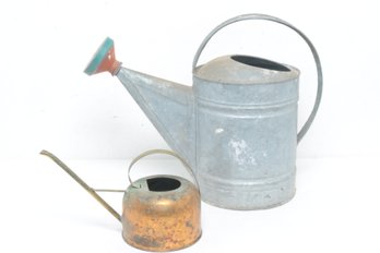 Vintage Galvanized Metal Watering Can & Copper Toned Watering Can