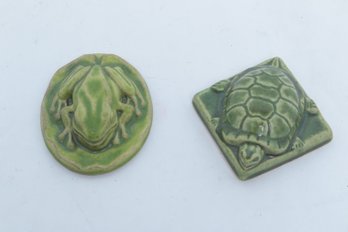2 Pewabic Pottery Tiles, Turtle & Frogs On Lilly Pads