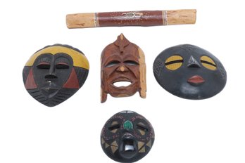 4 African Tribal Masks & 1 Aboriginal Digeridoo Stick