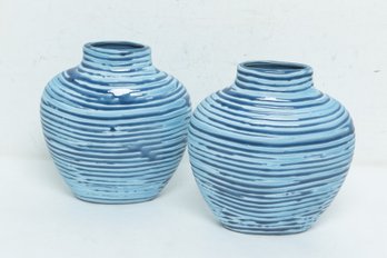 Pair Of Large Modern Blue Stripped Ceramic Decorative Vases