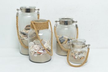 Four Nautical Style Jars W/Sand & Shells (Great Beach Themed Home Decor)