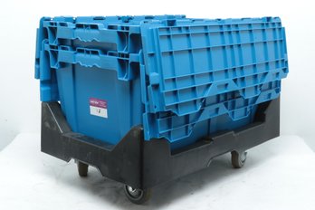 2 Large Stack Able Hinged Lid Storage Bins With With Proprietary Swivel Wheeled Dolly