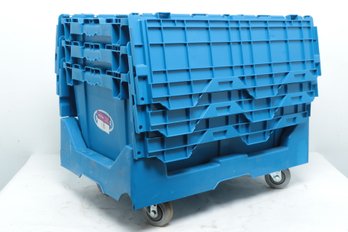 3 Large Stack Able Hinged Lid Storage Bins With With Proprietary Swivel Wheeled Dolly