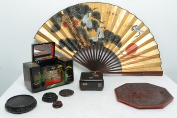 Grouping Of Vintage Oriental Lacquer Boxes W/Decorative Wall Fan & Rosewood Stands