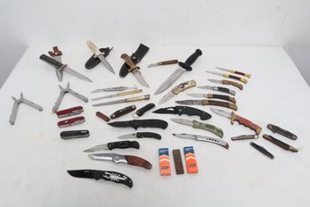 Large Grouping Of Pre-owned Knives, Multi Tools & Sharpening Stones