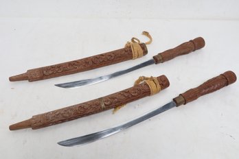 2 Vintage Thai DHA Swords With Hand Carved Handle & Scabbards