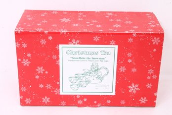 Department 56 Christmas Tea Snowflake The Snowman Hand Painted Ceramic Teapot & 4 Tea Cups - New Old Stock
