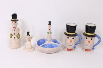 Department 56 Lot Of Frosty Fred Snowman Mugs, Server, Candle Holder - New Old Stock