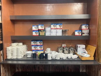 Contents Of Shelf - Coffee Related Items Mugs, Filters & More