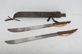 2 Swords W/Hand Carved Wood Handles: Corneta & Promedoca Dominican Rep. W/Sheath