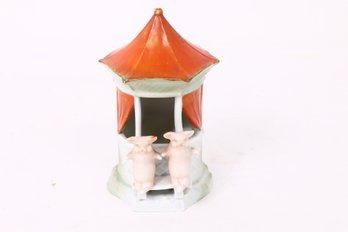 Antique German Pink Porcelain Fairing Pigs At The Gazebo