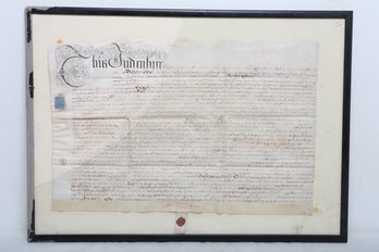 Antique 18th Century English Framed Land Deed On Animal Hyde/Parchment