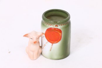 Antique German Pink Porcelain Fairing Pig With Crockpot Or Match Holder - Red Seal