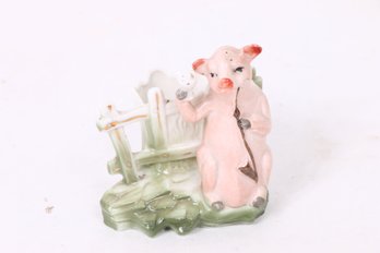 Antique German Pink Porcelain Fairing Pig Drinking Wine Smoking Pipe