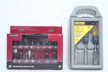 New 15 Pc. Warrior Woodworking Router Bit Set & Used 3Pc. Stanley Wood Chisel Set