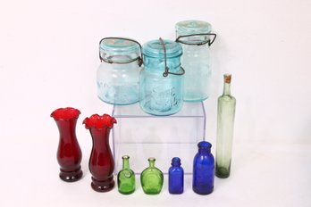 Group Of Collectible Decorative Colored Bottles, Some Apothecary And 3 Blue Canning Jars