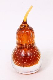 Vintage Murano Amber Glass Pear Shaped Paperweight With Air Bubbles