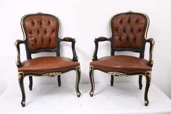 Pair Of Vintage French Louis XV Style Tufted Armchairs Carved Gilded Wood