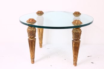 French Mid Century Carved Giltwood Table With Round Glass Top & Rosettes - Online Prices $3000