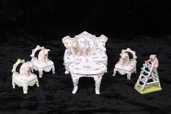 Group Of Vintage Miniature German Pigs Living Room Including Rare Flower Ladder Figurine