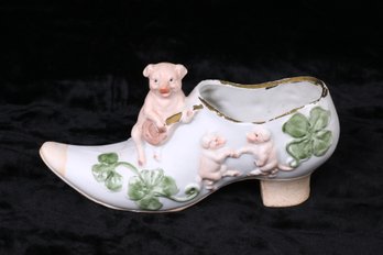 Antique German BISQUE Pink Fairing Pig In The Victorian Shoe Playing A Guitar