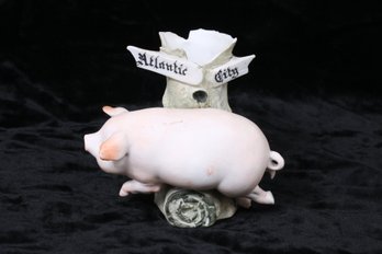 Antique German BISQUE Pink Fairing Pig Atlantic City Sign Vase