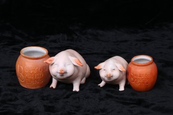 Pair Of Antique German BISQUE Pink Fairing Pig Boston Baked Beans