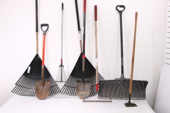 Group Of Gardening And Landscaping Hand Tools - Rakes, Shovels & More