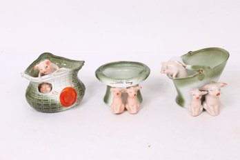 Group Of 3 Antique German Pink Porcelain Fairing Pigs - Please See Description And Images