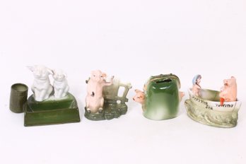 Group Of 4 Antique German Pink Porcelain Fairing Pigs - Please See Description And Images