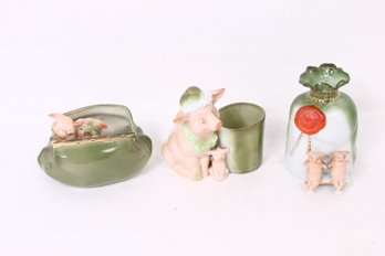 Group Of 3 Antique German Pink Porcelain Fairing Pigs - Please See Description And Images