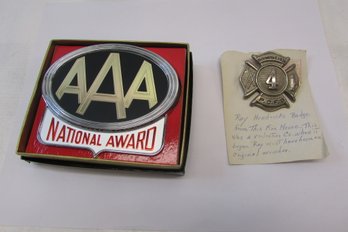 AAA National Award License Plate Emblem & Vintage PCFD Badge