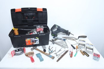 Black 7 Decker Toolbox With Miscellaneous Hand Tools & Reciprocating Saw