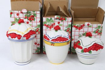 Department 56 Group Of 3 Covered Hand Painted Containers - Life Is Just A Bowl Of Cherries - New Old Stock