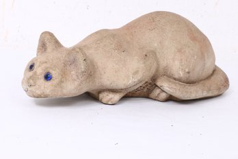 Vintage Made In England Cement Pouncing Cat Figurine With Blue Eyes