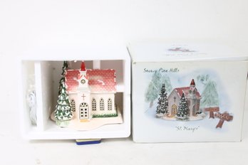 Department 56 Snowy Pine Hills ' St. Mary's ' Lighted Ceramic Church - New Old Stock