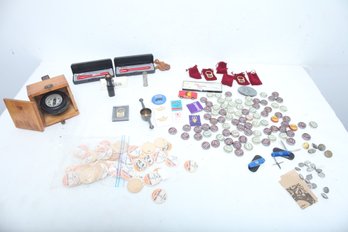 Mixed Box Lot: Vintage Bottle Caps, Flashlights, Swiss Army Knives, Etc.