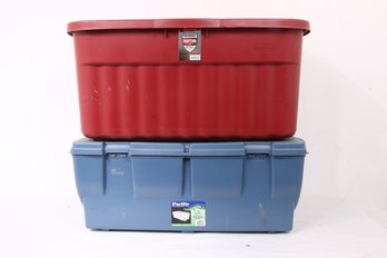 Pair Of Large Storage Totes Bins From Rubbermaid 40 Gal & Pacific 31 Gal