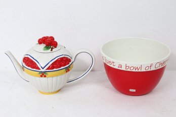 DEPARTMENT 56 Life Is Just A Bowl Of Cherries - Tea Pot And Mixing Bowl - New Old Stock