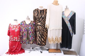 Group Of Vintage Made In India Hand Beaded Silk Sequin Dresses - Sizes And Brands In The Images