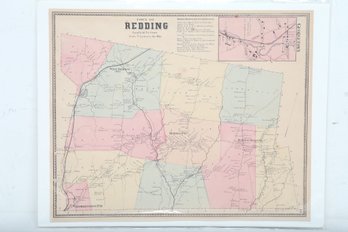 19th Century, Hand Colored Map Of Redding Connecticut