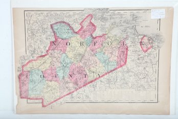 19th Century Hand Colored Map Of Norfolk County Mass (1871)